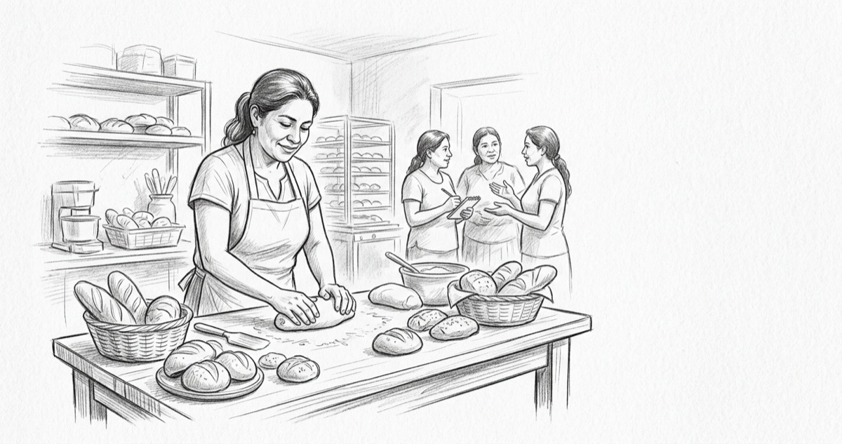 Mujer emprendedora en panadería, representando créditos grupales para microfinancieras
